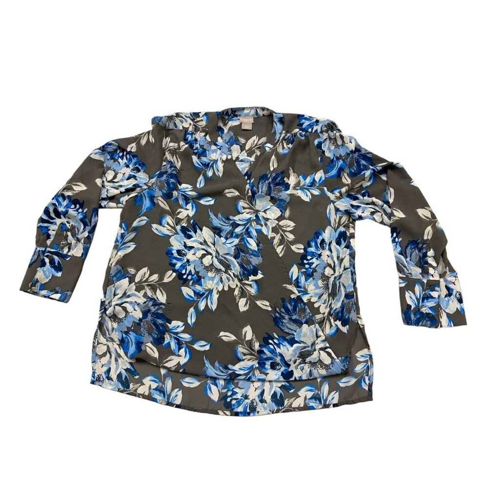 Chico’s Top Womens Size 1 Gray Blue Floral V Neck Faux Wrap Slimming Pullover